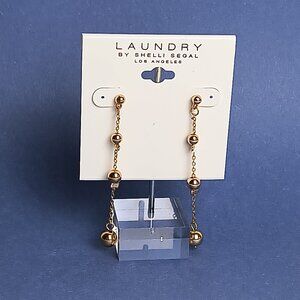 Three Ball Drop Dangling Push Back Earrings Chain Gold Tone Metal